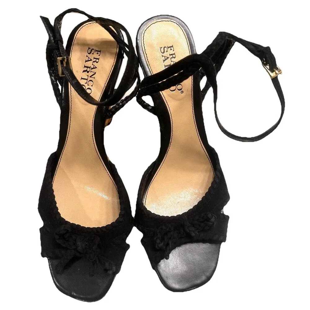 Franco Sarto Black Leather L-Jive Ankle Strap Wicker Wedge Heel Sandal Sz 8 1/2